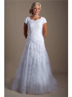 Fitted A Line Cap Sleeve Tulle Lace Modest Wedding Dress Court Train