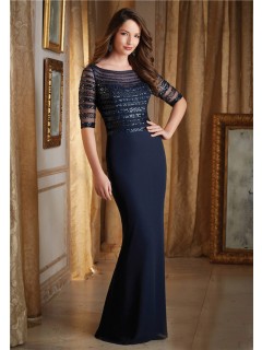 Fitted Bateau Neckline Navy Blue Chiffon Beaded Formal Evening Dress With Sleeves
