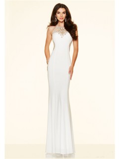 Fitted High Neck Open Back Long White Jersey Gold Beaded Evening Prom Dress