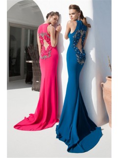 Fitted High Slit Long Teal Chiffon Prom Dress With Flowers Open Back
