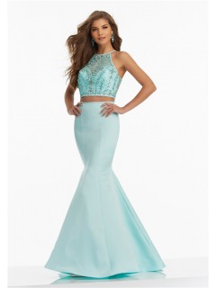 Fitted Mermaid Halter Two Piece Aqua Satin Tulle Beaded Prom Dress