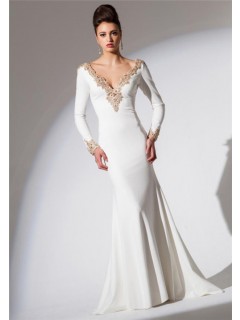 Fitted V Neck Low Back Long Sleeve White Chiffon Gold Beaded Evening Prom Dress