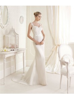 Fitting Sweetheart Neckline Sheer Back Venice Lace Chiffon Wedding Dress With Straps
