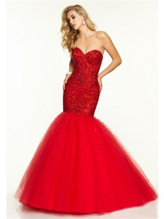 Flare Mermaid Sweetheart Red Tulle Beaded Prom Dress Corset Back