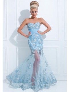 Flared Mermaid Strapless Long Light Blue Tulle Floral Applique Prom Dress Sheer Skirt