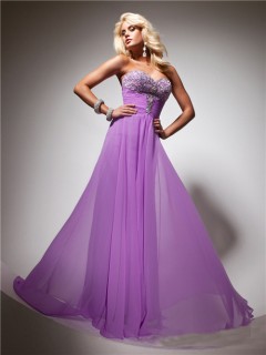 Flowy Sweetheart Long Purple Lilac Chiffon Beaded Evening Prom Dress With Rhinestone