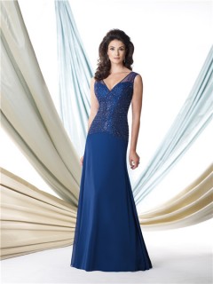 Formal A Line V Neck Navy Blue Chiffon Beaded Mother Of The Bride Evening Dress