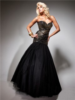 Formal Mermaid Sweetheart Long Black Tulle Gold Beading Evening Prom Dress