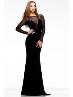 Formal Sheath Illusion Sheer Neckline Long Black Chiffon Lace Evening Prom Dress With Sleeves