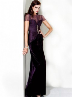 Formal Sheath Slim Long Purple Chiffon Evening Wear Dress With Sleeves