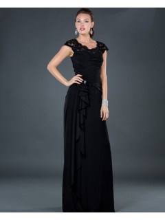 Formal modest sheath long black chiffon evening dress with lace beaded