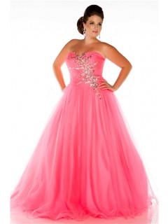 Glamorous A Line Strapless Long Neon Coral Tulle Beaded Plus Size Prom Dress