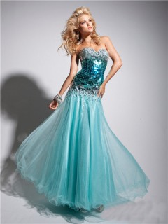 Gorgeous A Line Princess Sweetheart Long Light Blue Crystal Tulle Prom Dress With Beaded