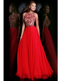 Gorgeous A Line Scoop Neck Sleeveless Long Red Chiffon Beading Evening Prom Dress