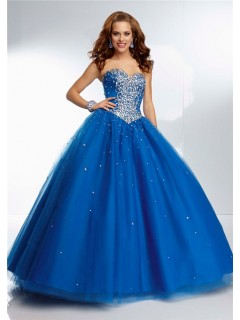 Gorgeous Ball Gown Sweetheart Corset Back Royal Blue Tulle Beaded Prom Dress