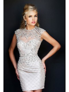 Gorgeous High Neck Cap Sleeve Backless Short Pearl Beaded Cocktail Prom Dress Open Back