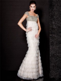 Gorgeous Mermaid Cap Sleeve Empire Waist Long White Tiered Tulle Evening Dress Crystals