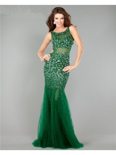 Gorgeous Mermaid Cut Out Backless Emerald Green Tulle Beaded Prom Dress
