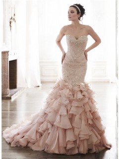 Gorgeous Mermaid Strapless Blush Pink Organza Ruffle Crystal Beaded Wedding Dress