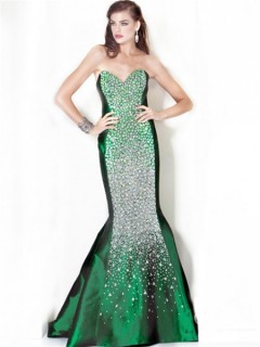 Gorgeous Mermaid Sweetheart Long Emerald Green Taffeta Beaded Evening Dress