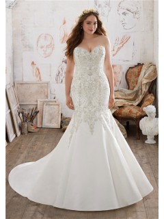 Gorgeous Mermaid Sweetheart Satin Crystal Beaded Plus Size Wedding Dress Corset Back