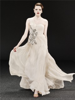 Gorgeous One Shoulder Long Champagne Chiffon Beaded Sequins Evening Dress