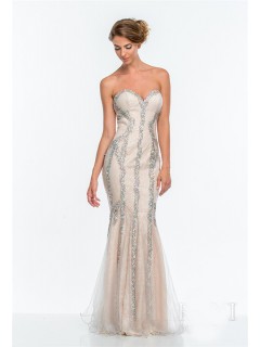 Gorgeous Trumpet Mermaid Strapless Champagne Tulle Beaded Long Evening Prom Dress