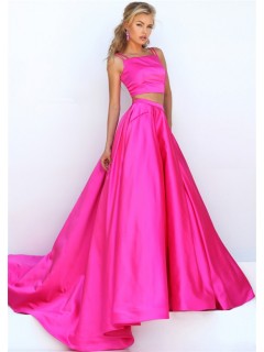 Gorgeous Two Piece Hot Pink Silk Satin Prom Dress With Spaghetti Straps Buttons