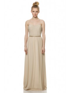 Graceful A Line Strapless Long Champagne Chiffon Ruched Special Occasion Bridesmaid Dress