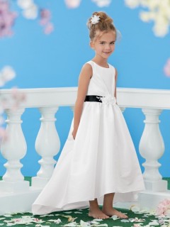 High Low Princess Scoop White Taffeta Black Sash Wedding Flower Girl Dress