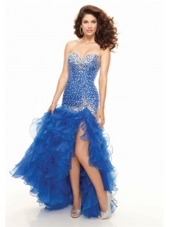 High low sweetheart organza royal blue prom dress with ruffles and beaded