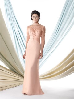 Illusion Neckline Nude Champagne Chiffon Beaded Short Sleeve Mother Of The Bride Evening Dress