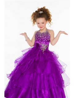 Lovely Princess Ball Halter Purple Organza Ruffle Girl Pageant Dance Prom Dress