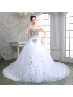 Luxury Ball Gown Corset Back Heavy Beaded Crystal Wedding Dress With Long Train