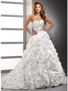 Luxury Ball Gown Sweetheart Crystals Beading Floral Organza Wedding Dress With Train