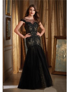 Mermaid Bateau Illusion Neckline Cap Sleeve Black Tulle Lace Beaded Evening Prom Dress