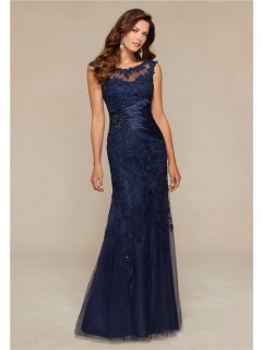 Mermaid Boat Neck Navy Blue Tulle Lace Beaded Special Occasion Evening Dress