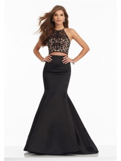 Mermaid Halter Two Piece Black Satin Tulle Embroidery Prom Dress