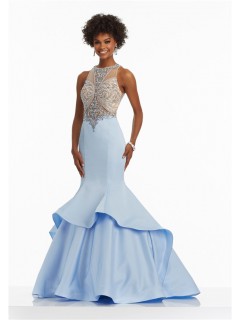 Mermaid High Neck Light Blue Satin Tulle Beaded Prom Dress With Ruffles