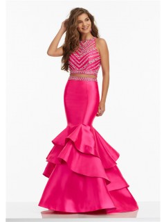 Mermaid High Neck Two Piece Hot Pink Satin Ruffle Beaded Prom Dress
