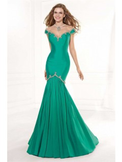 Mermaid Illusion Neckline Sheer Back Cap Sleeve Emerald Green Taffeta Prom Dress