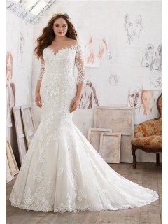 Mermaid Illusion Neckline Three Quarter Sleeve Lace Plus Size Wedding Dress