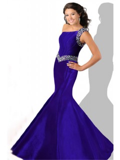 Mermaid One Shoulder Purple Taffeta Beaded Teen Prom Dress
