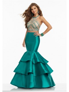 Mermaid Open Back Two Piece Jade Satin Ruffle Tiered Prom Dress With Beading
