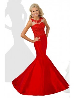Mermaid Round Neck Open Back Red Taffeta Lace Beaded Teen Prom Dress