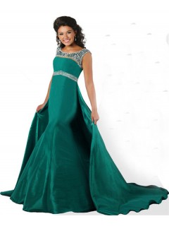 Mermaid Scoop Neck Open Back Green Taffeta Beaded Teen Prom Dress Detachable Skirt