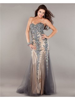 Mermaid Strapless Champagne Satin Grey Tulle Lace Beaded Prom Dress