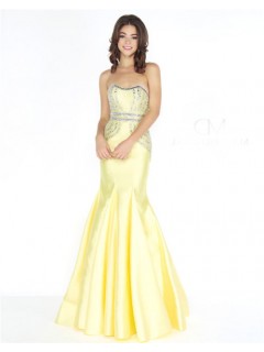 Mermaid Strapless Curve Neckline Lemon Yellow Satin Beaded Prom Dress