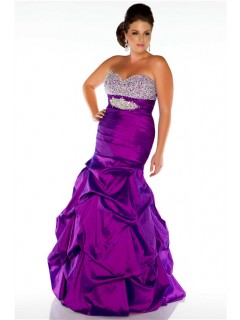 Mermaid Strapless Long Purple Taffeta Beaded Plus Size Evening Prom Dress