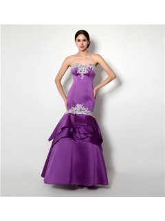 Mermaid Strapless Purple Satin Layered Evening Prom Dress With Appliques